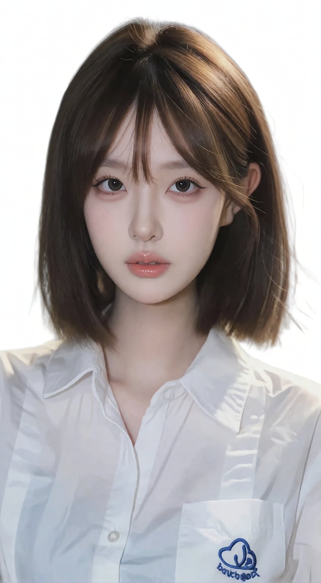 This is a digital portrait of a young East Asian woman with a fair complexion and straight,  shoulder-length brown hair wi...