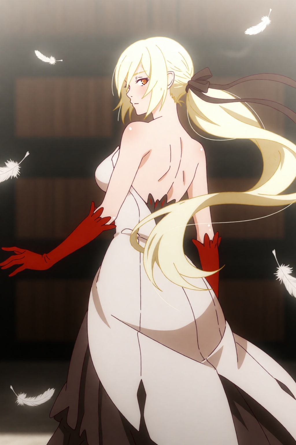 Pettalon,  a 18 years old female with a long blonde ponytail,  a long hair ribbon and orange eyes is captured in a medium...