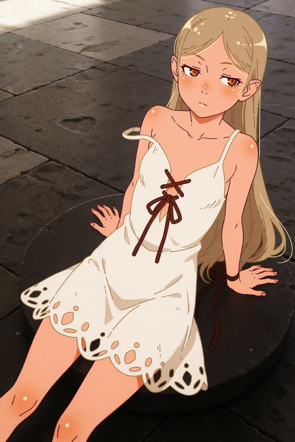 Parasine,  a 12 years old girl with orange eyes and long blonde hair,  is captured in a high-angle medium shot on Tensor.Art