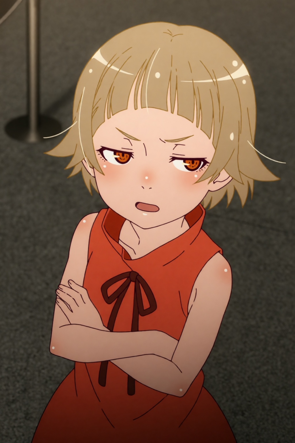 Vintrolek,  an 8 years old girl with short blonde hair and orange eyes. This cinematic close-up shot uses a high camera an...
