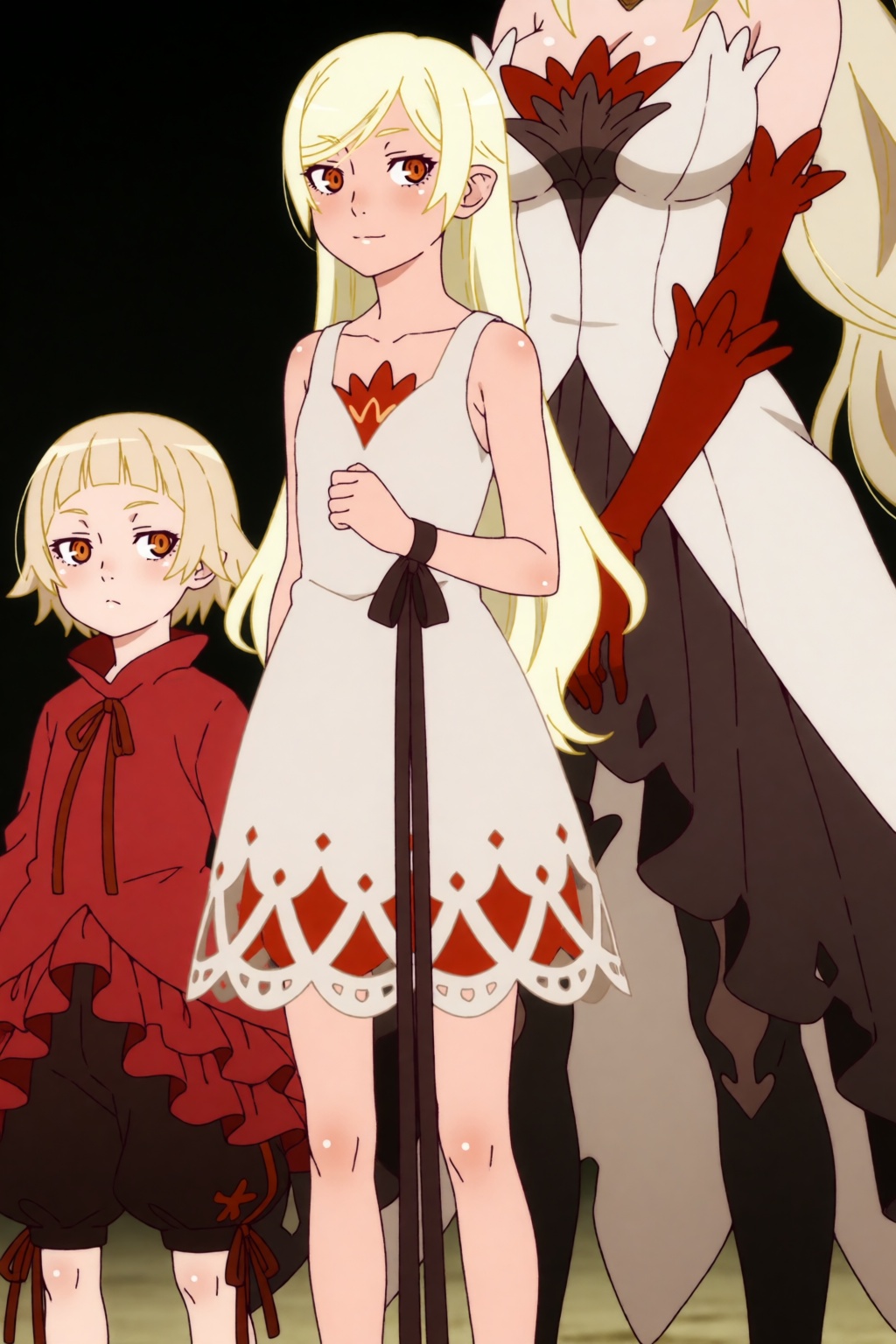 The image depicts 3 female characters standing next to each other. Vintrolek,  an 8 years old girl with short blonde hair...