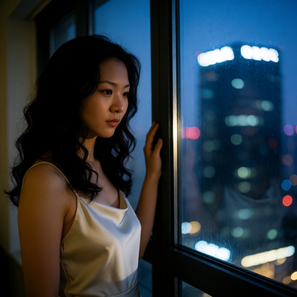 东亚女生人像摄影,  都市电影感情绪写真风格,  人物站高层落地玻璃窗前 on Tensor.Art