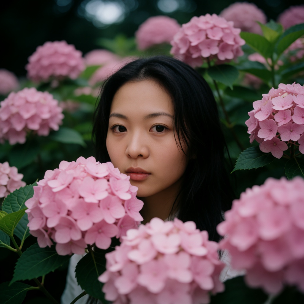 亚洲女生人像摄影,  电影感情绪写真风格,  人物置身于盛开的粉色绣球花丛中 on Tensor.Art
