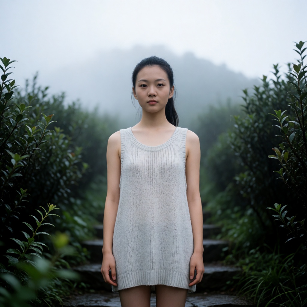 东亚女生人像摄影,  清冷文艺纪实摄影风格,  人物站在山林湿润石阶上 on Tensor.Art