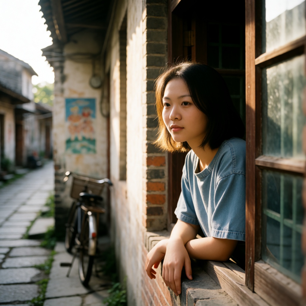 东亚女生人像摄影,  90年代复古胶片写真风格,  人物坐在老式居民楼木窗内 on Tensor.Art