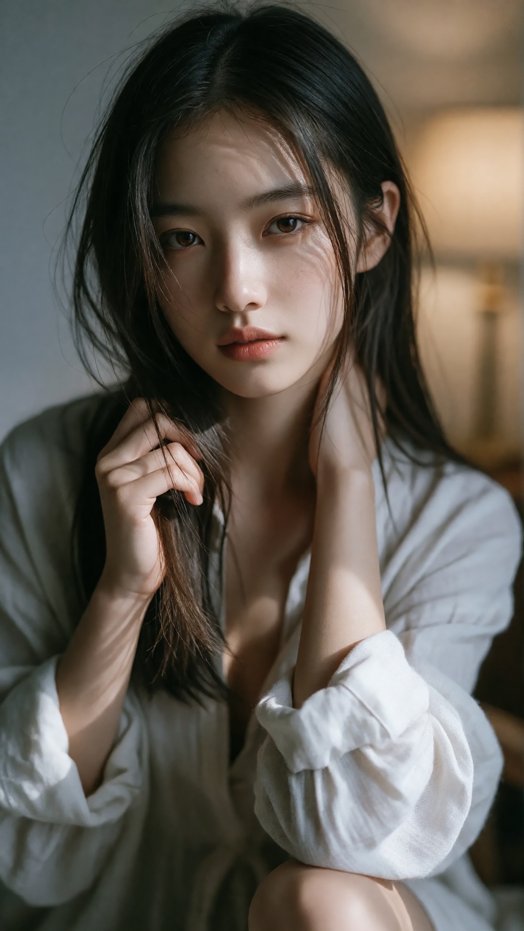A photo-realistic portrait shoot from a portrait camera angle about a young woman with a neutral expression,  wearing a li...