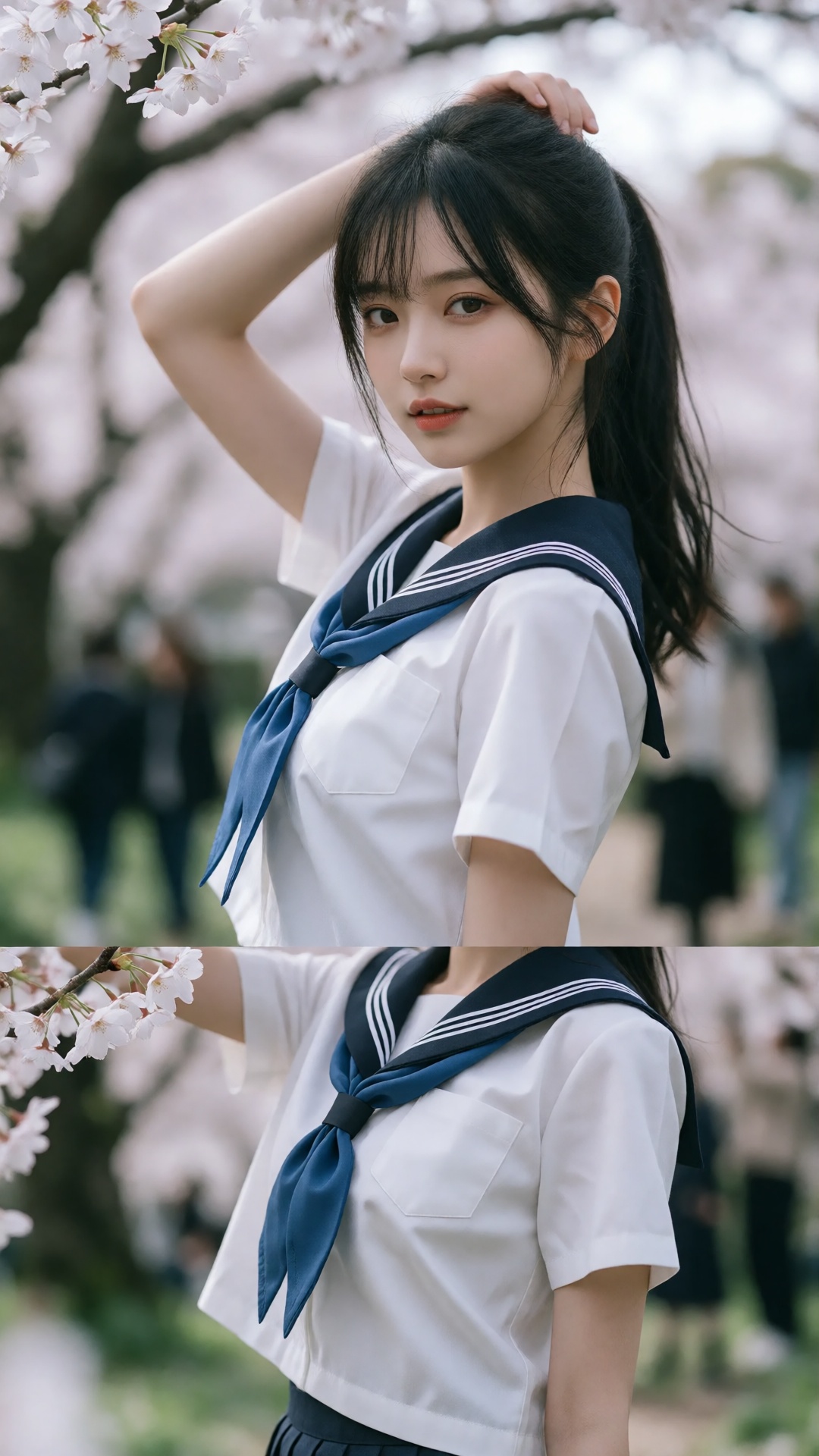 A photo-realistic shoot from a portrait angle about a young asian woman in a school uniform with a sailor collar and a blu...