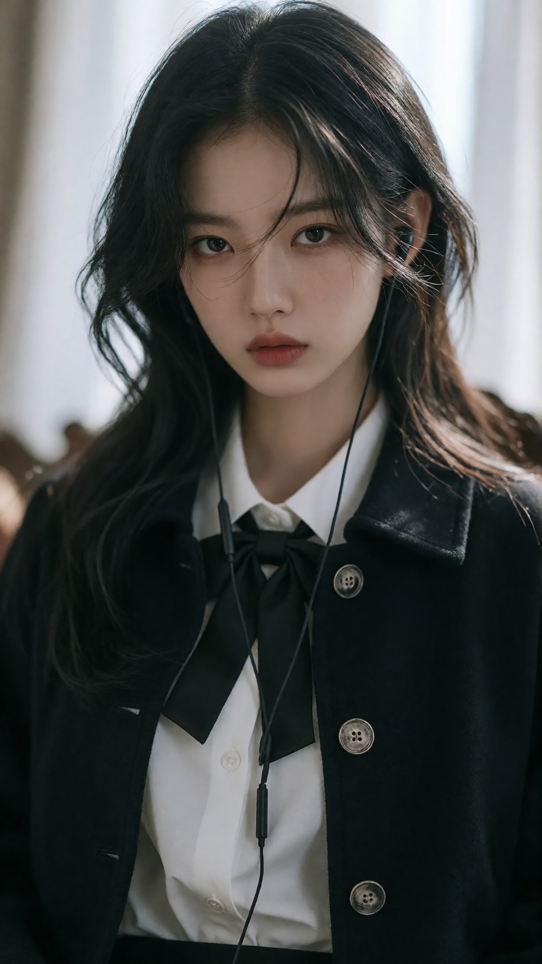 A photo-realistic shoot from a portrait camera angle about a young woman with a serious expression,  wearing a black jacke...