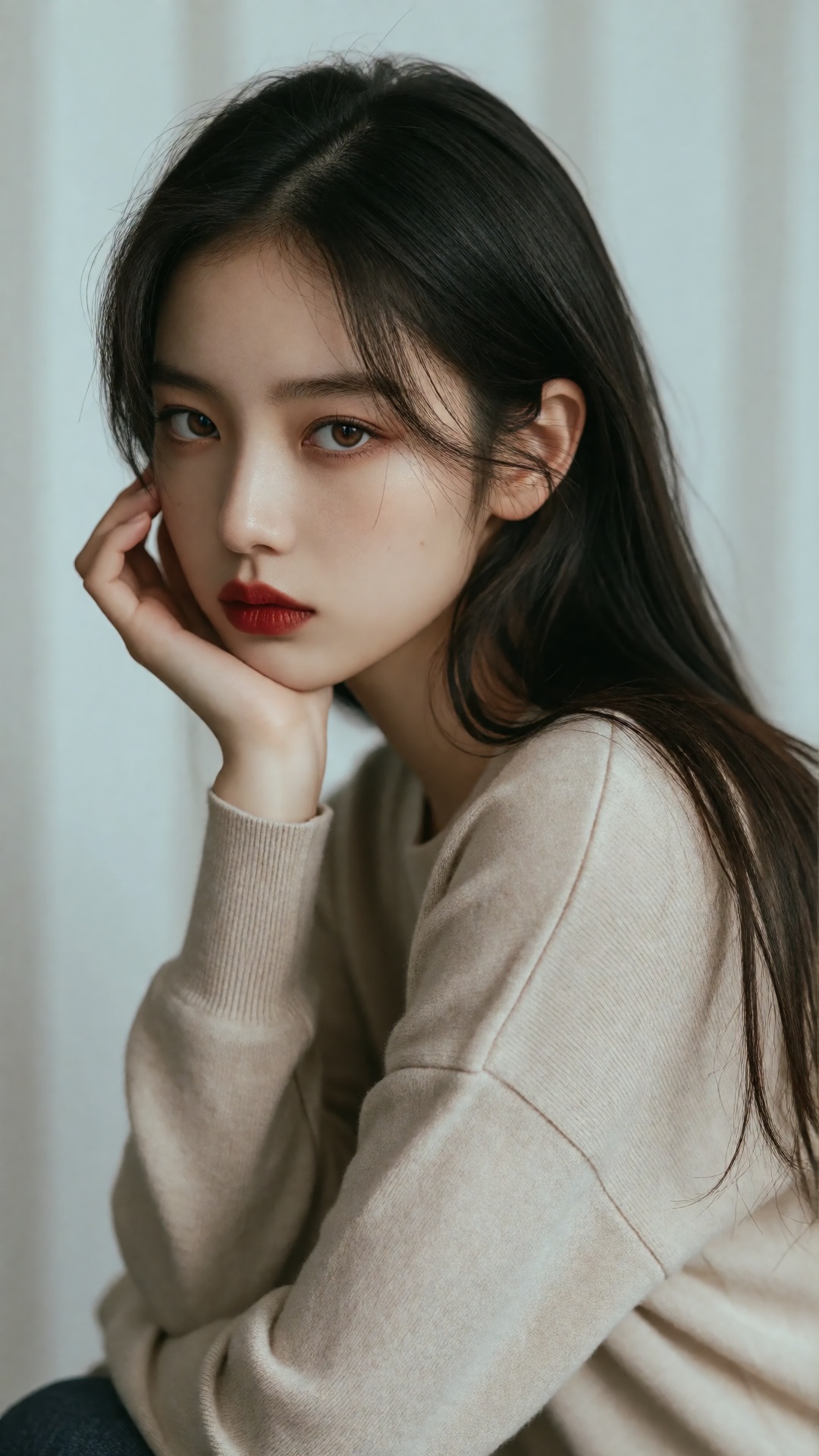A photo-realistic portrait shoot from a close-up camera angle about a young woman with long dark hair,  resting her chin o...