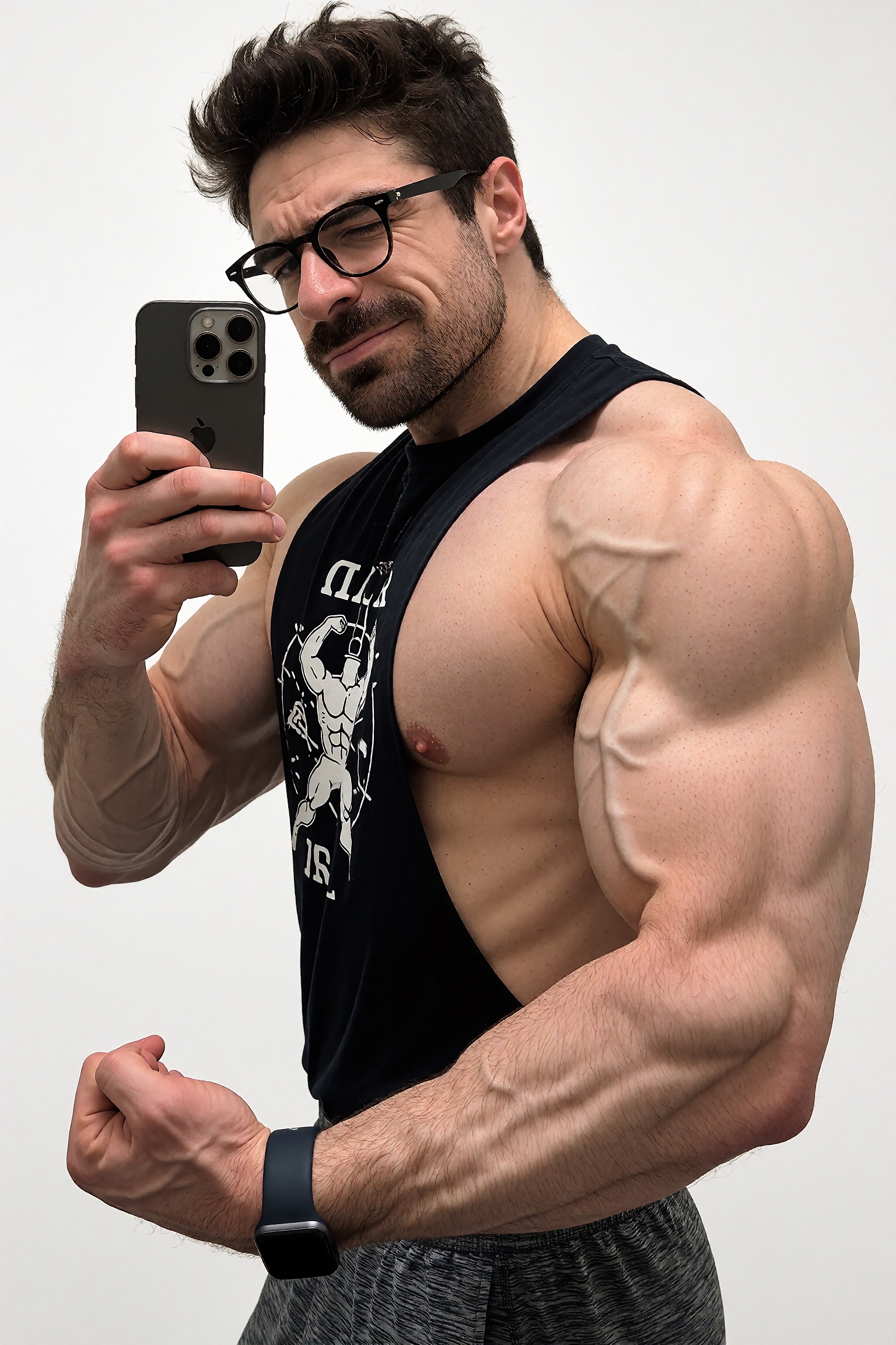 tkobs,  A studio medium-shot photograph of an exceptionally muscular man with dark hair taking a mirror selfie against a p...
