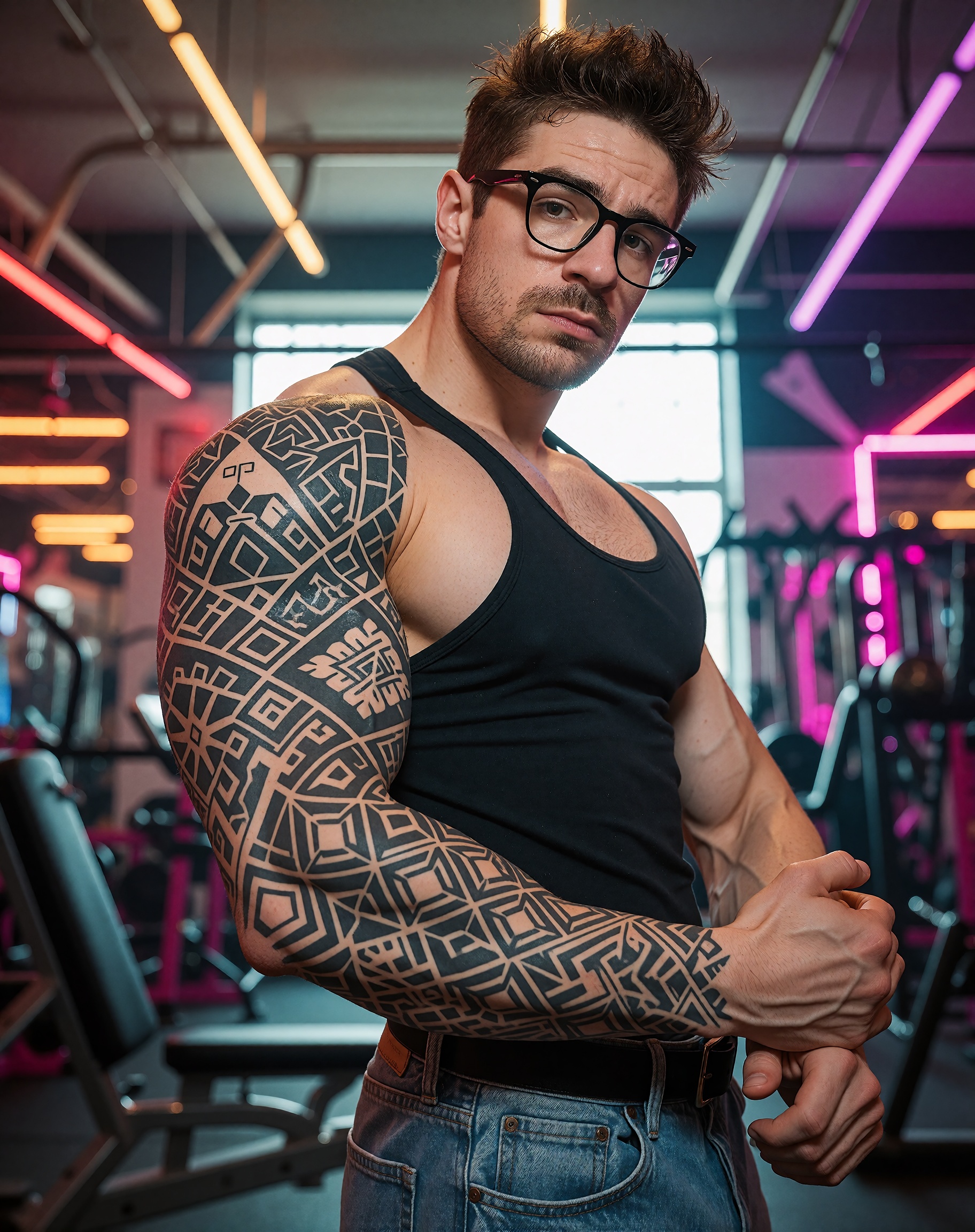 Create an image of a standing nerdy hot guy with a geometric black tattoo sleeve covering his arm,  glasses perched on the...