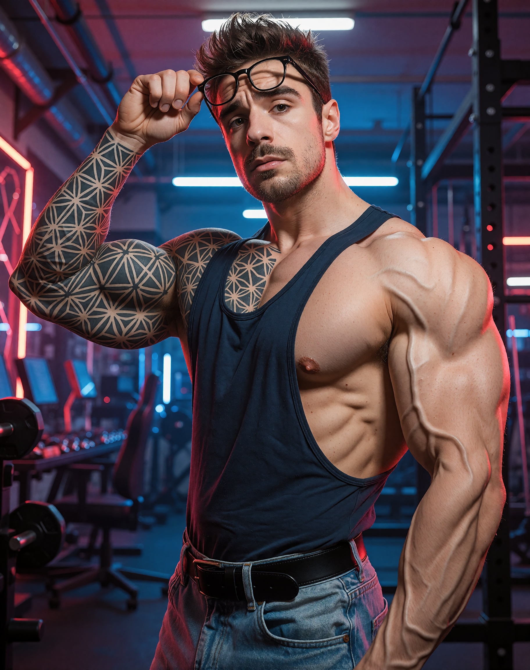 Create an image of a standing nerdy hot guy with a geometric black tattoo sleeve covering his arm,  glasses perched on the...