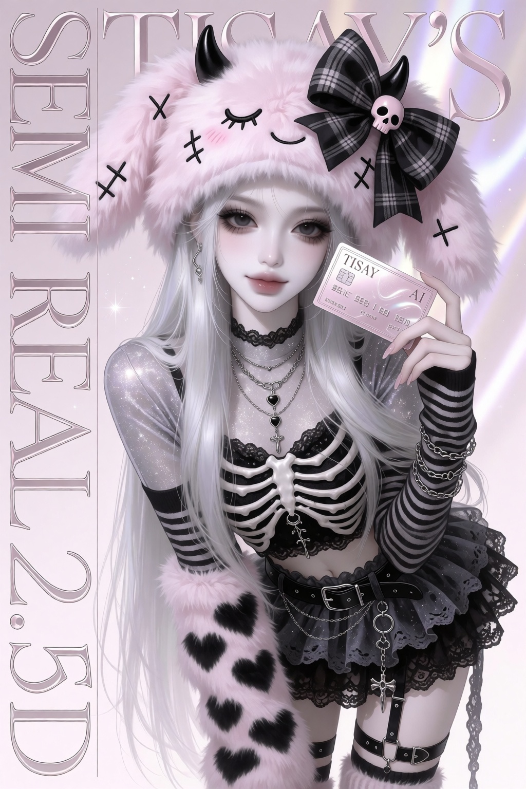 SEMI REAL 2.5D portrait of a young feminine woman with very pale porcelain skin,  a softly tapered oval face,  delicate na...