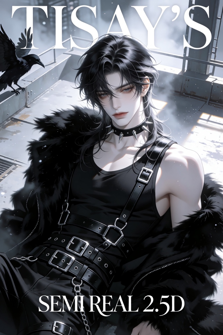 Semi-realistic dark-romantic cyberpunk portrait of a young masculine-presenting character,  appearing in the late teens to...