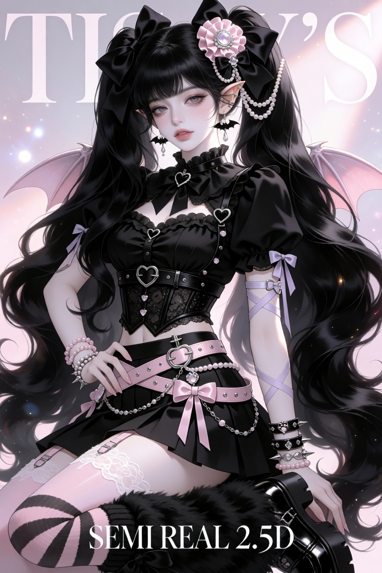 Semi-realistic 2.5D portrait of a feminine young-***** gothic vampire character with porcelain-pale cool-toned skin,  smoo...
