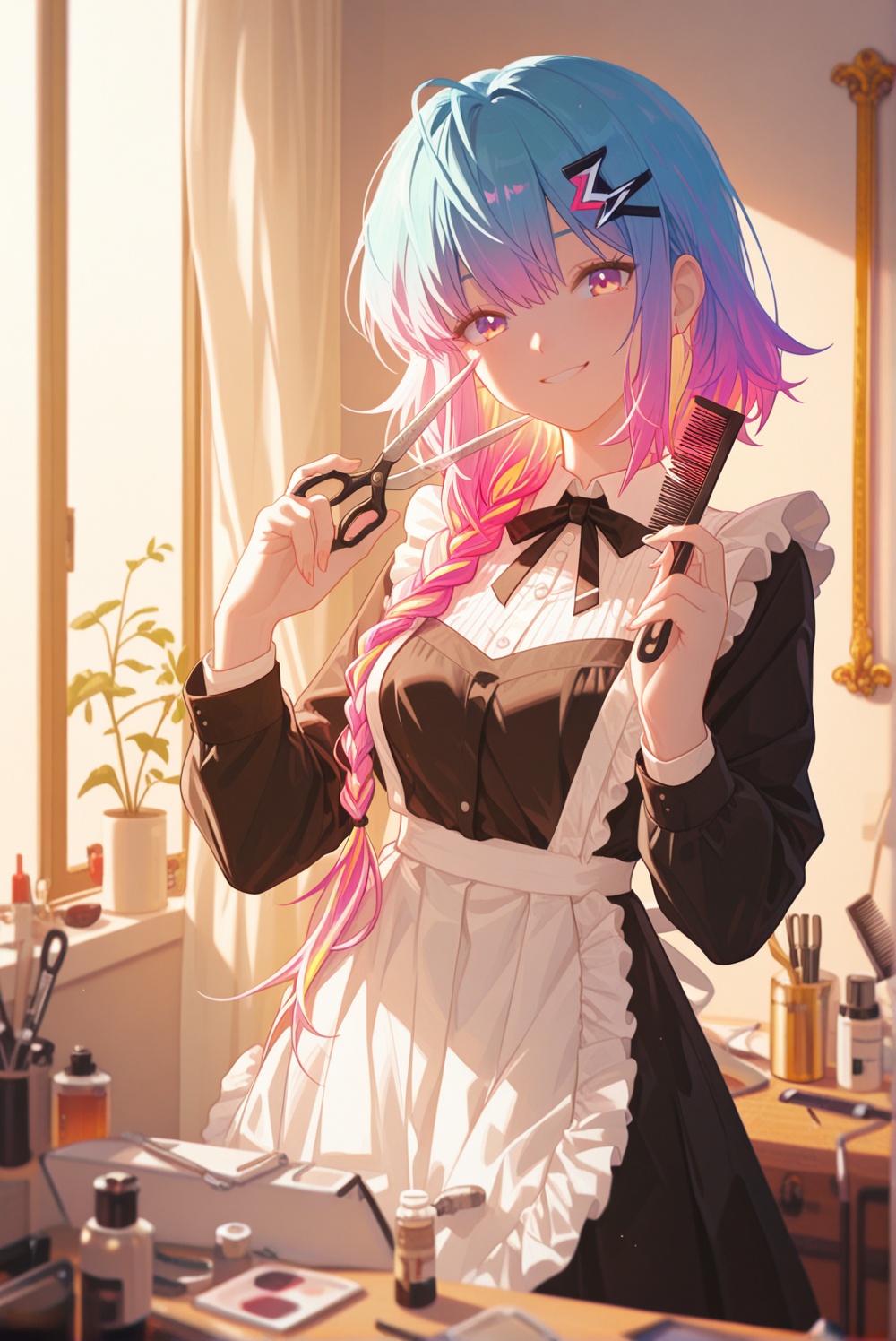 ZeroStyle stylish anime hairdresser girl with colorful hair in cowboy shot,  holding scissors and comb,  playful smile on...