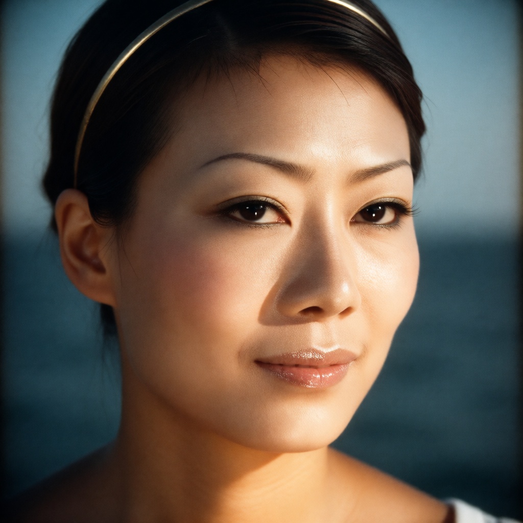 cxm,  A close-up portrait captures an East Asian woman with a neutral expression and slightly parted lips. Her sleek dark...