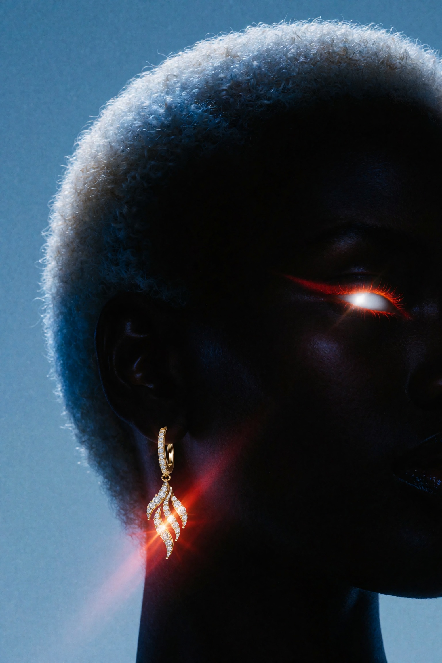 Editorial jewelry campaign portrait,  extreme close crop side profile,  deep dark-skinned woman's face almost entirely in...