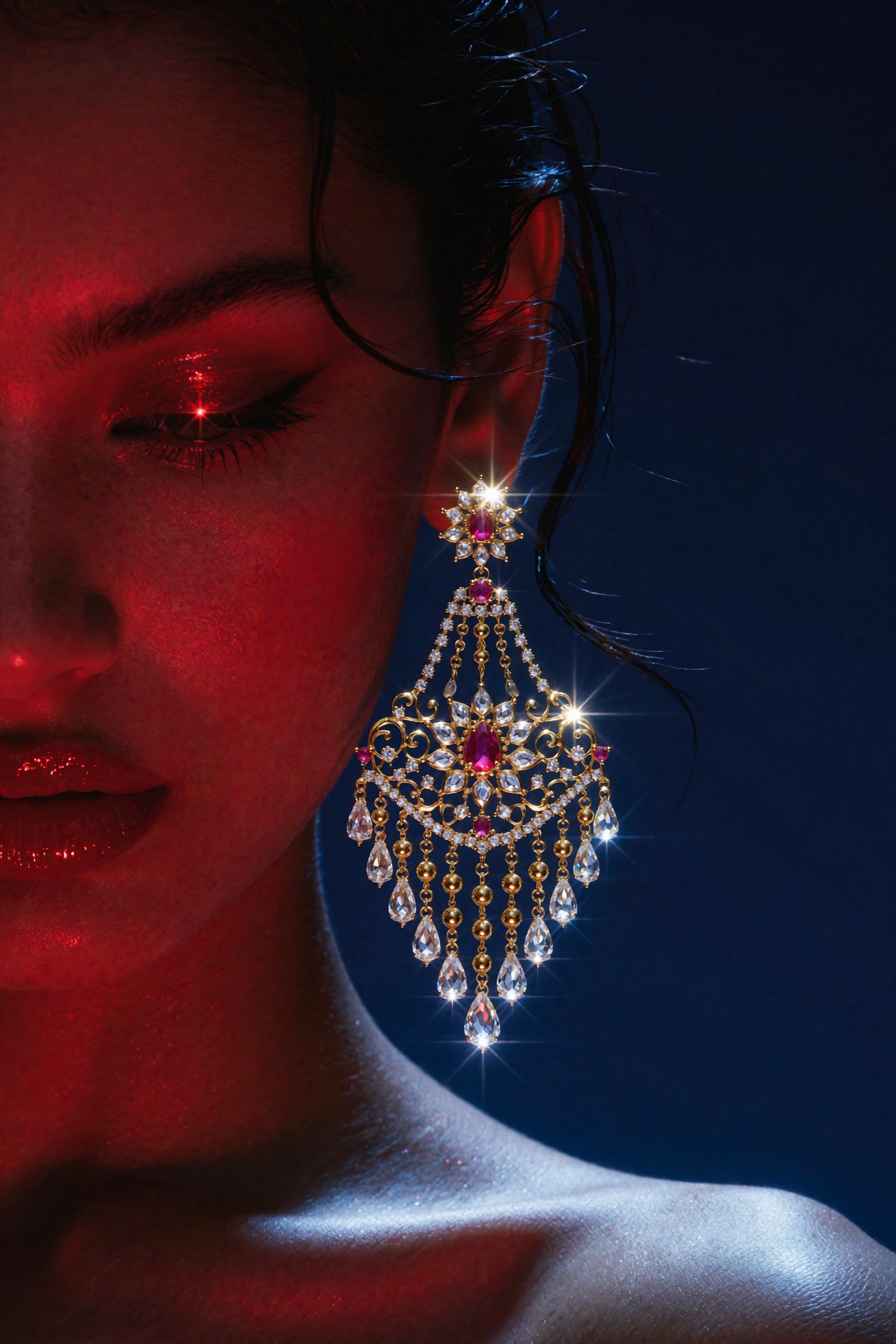 Editorial jewelry campaign portrait,  extreme close crop side profile,  woman's face and shoulder lit entirely in saturate...
