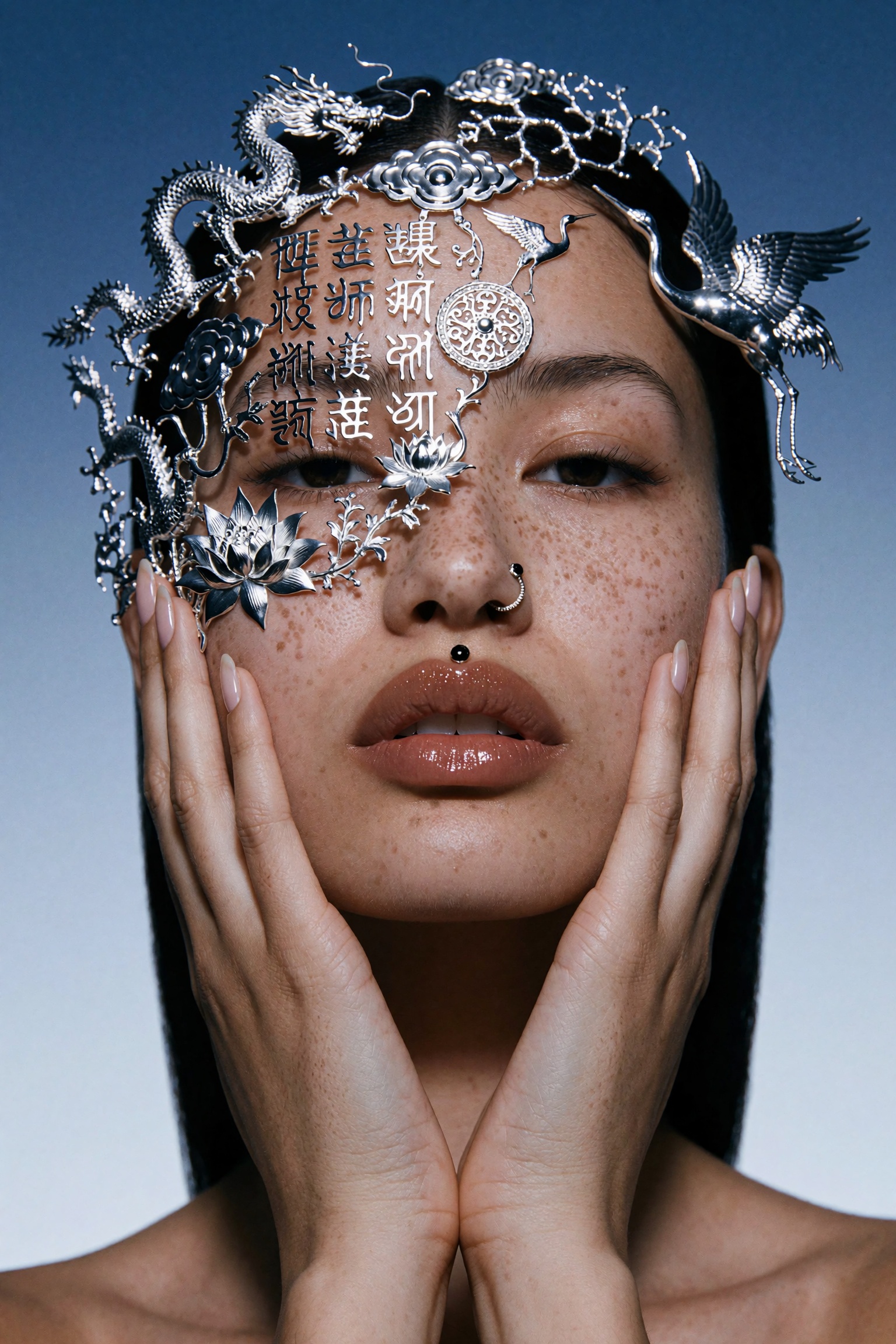 Cinematic high-fashion beauty editorial extreme close-up portrait of a young woman facing the camera directly with a calm...