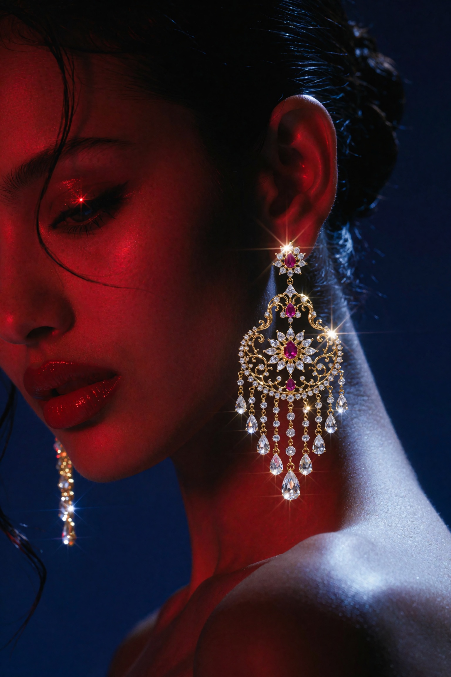 Editorial jewelry campaign portrait,  extreme close crop side profile,  woman's face and shoulder lit entirely in saturate...