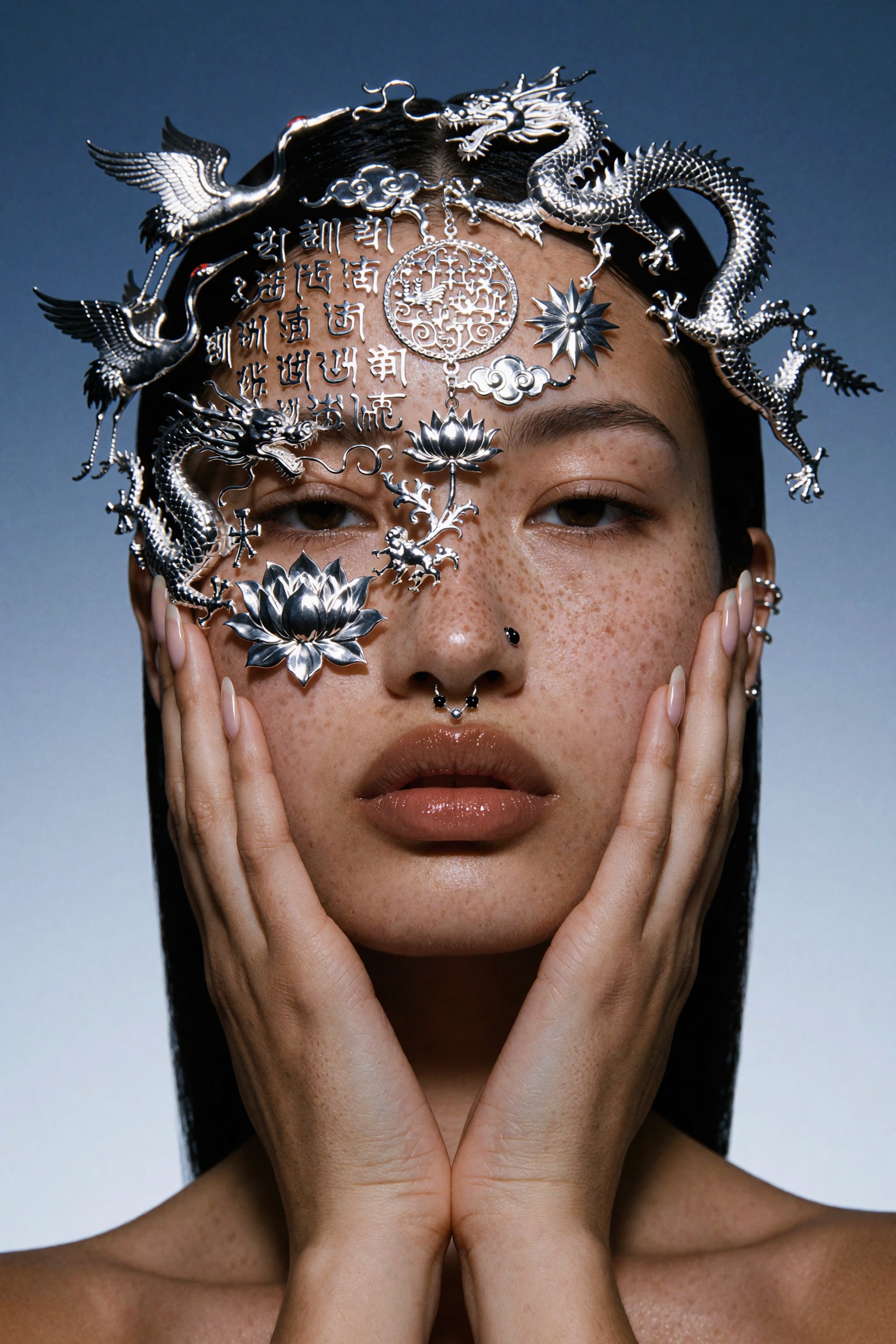 Cinematic high-fashion beauty editorial extreme close-up portrait of a young woman facing the camera directly with a calm...