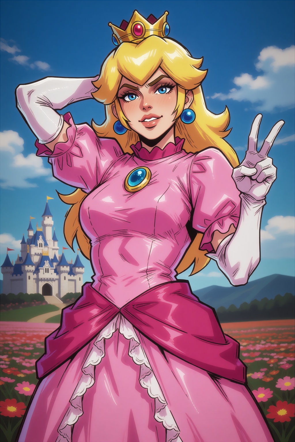 sfw. csaurageul-style. 2d illustration. upper body shot,  standing tall,  she has one hand behind head and the other makin...