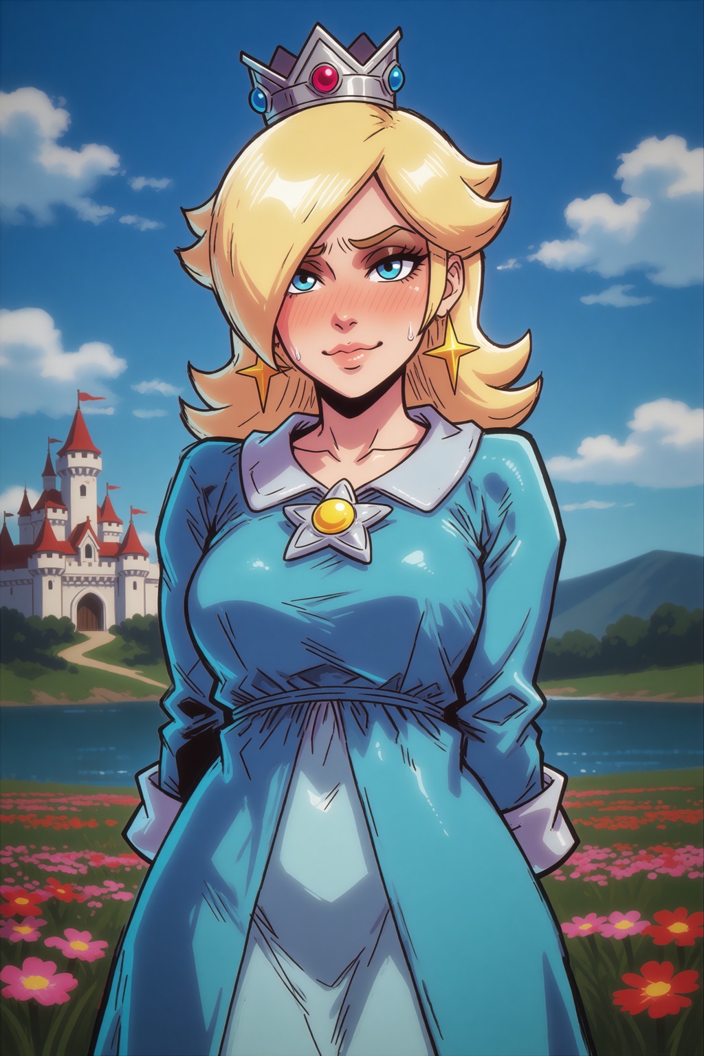 sfw. csaurageul-style. 2d illustration. upper body shot,  she is standing with her hands behind her back,  she has a shy s...