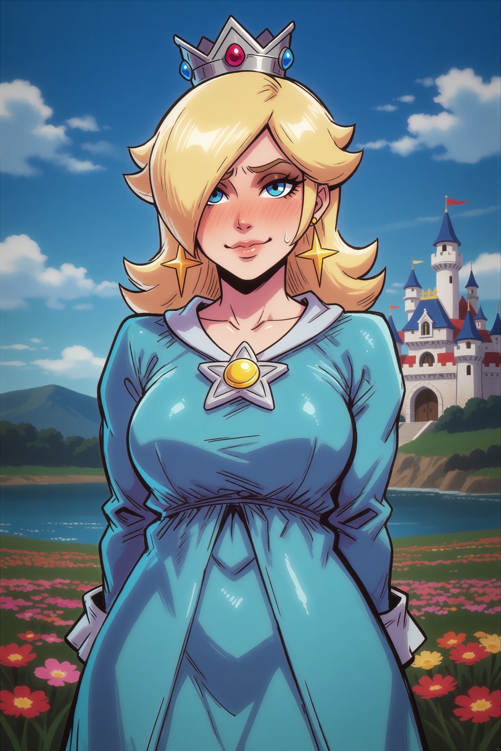 sfw. csaurageul-style. 2d illustration. upper body shot,  she is standing with her hands behind her back,  she has a shy s...