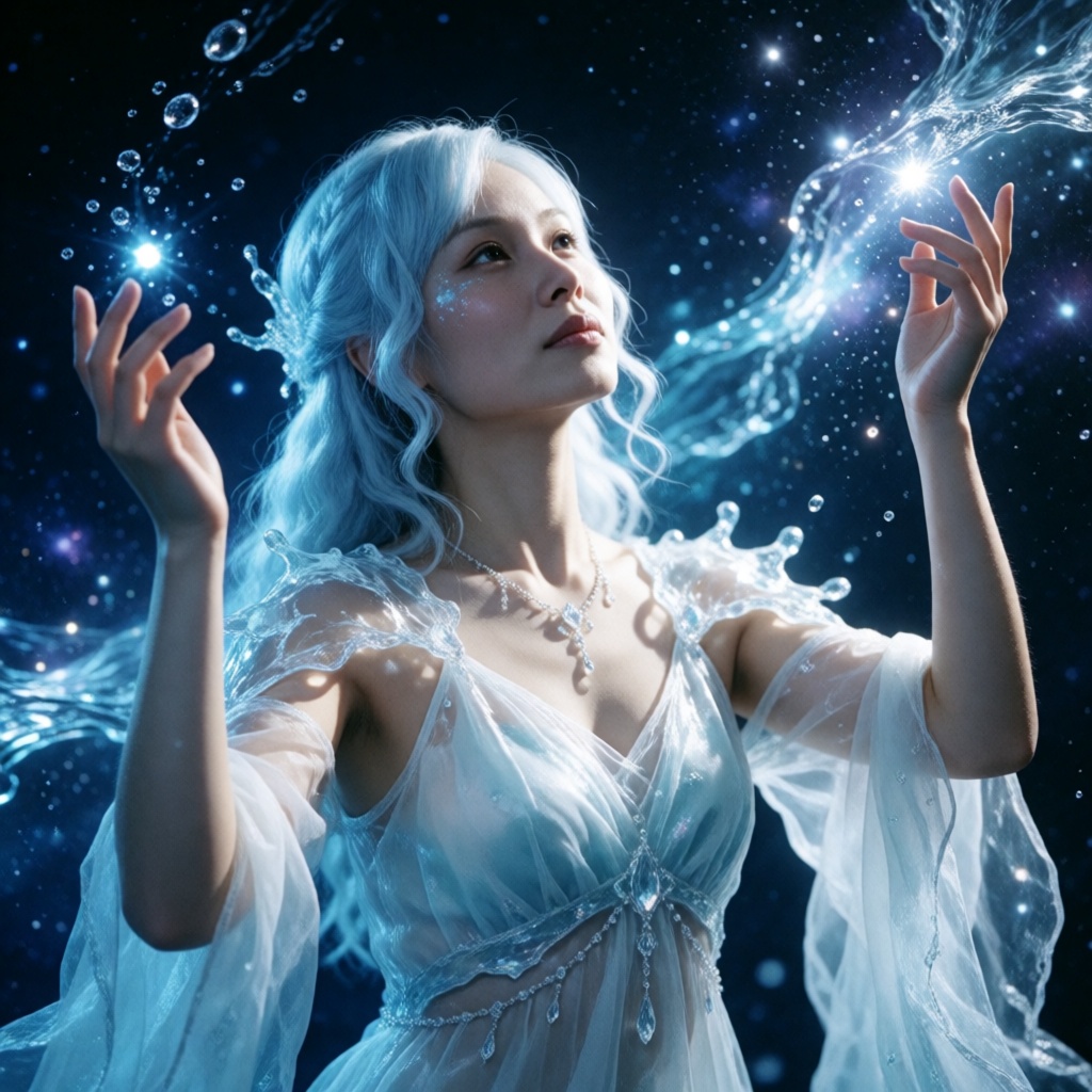 xiaomei,  1 fantasy water spirit girl,  medium close‑up portrait. She wears a sheer pale blue and white gown with crystal...