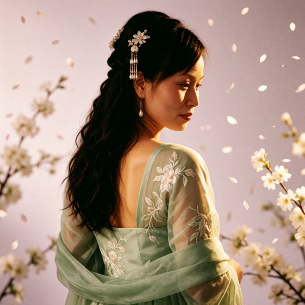 xiaomei,  1 chinese young woman,  medium‑back shot ancient‑style portrait. She wears soft sage‑green hanfu gown with delic...