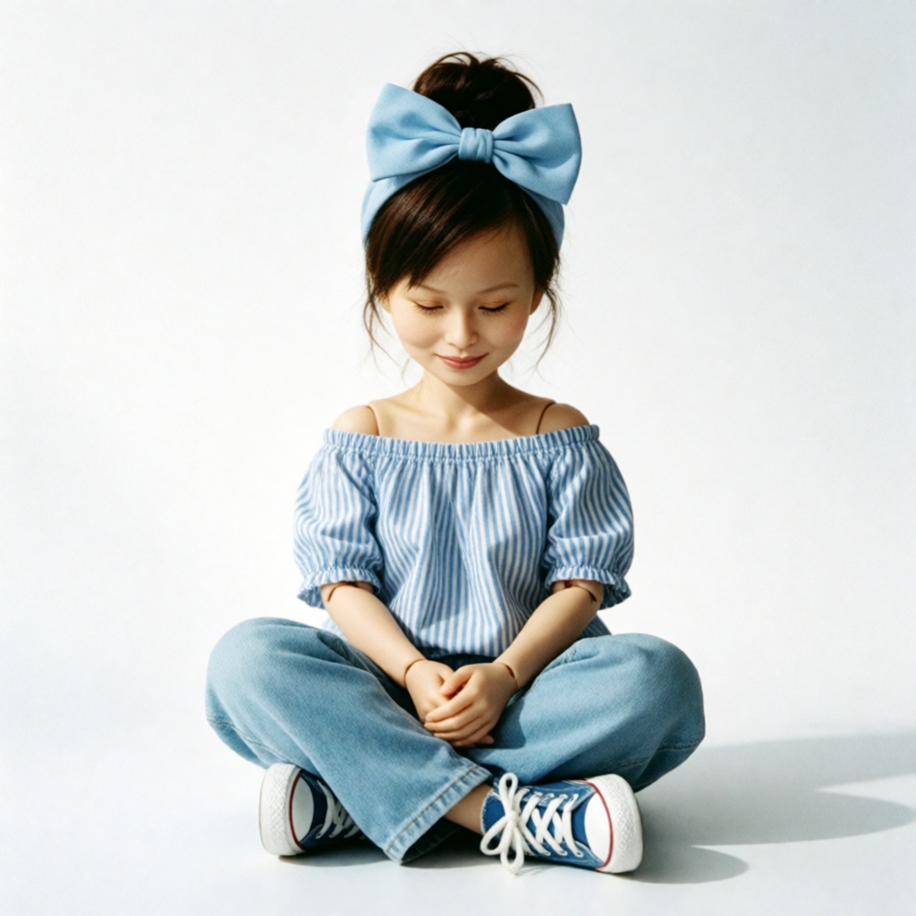 xiaomei,  1 chibi BJD doll girl,  medium full shot studio portrait. She wears a blue and white striped off‑shoulder blouse...