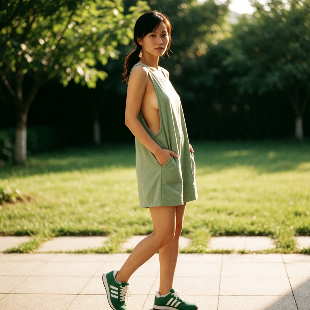 xiaomei,  1 chinese young woman,  medium‑full shot outdoors. She wears loose sage‑green sleeveless romper shorts with larg...