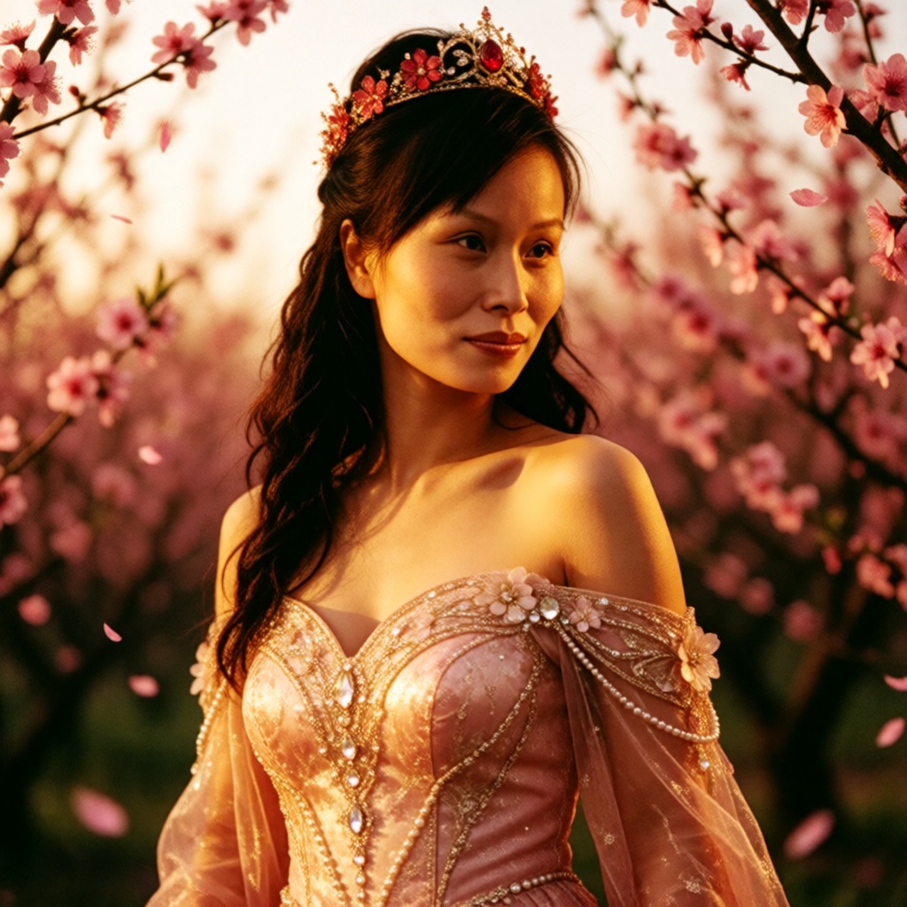 xiaomei,  1 east asian fantasy girl,  medium shot portrait. She wears an ornate pink‑gold fantasy gown with off‑shoulder n...