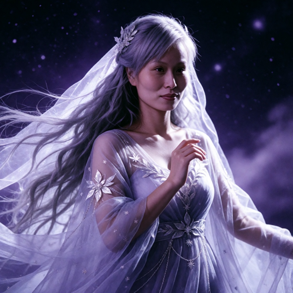 xiaomei,  1 fantasy goddess,  medium close‑up portrait. She wears a pale lavender sheer gown with layered tulle on Tensor.Art