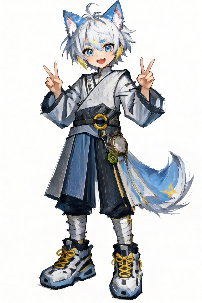 动漫插画,  全身. 一个名为**fanxing** 的fox boy,  拥有白色短发(黄色鬓角 on Tensor.Art