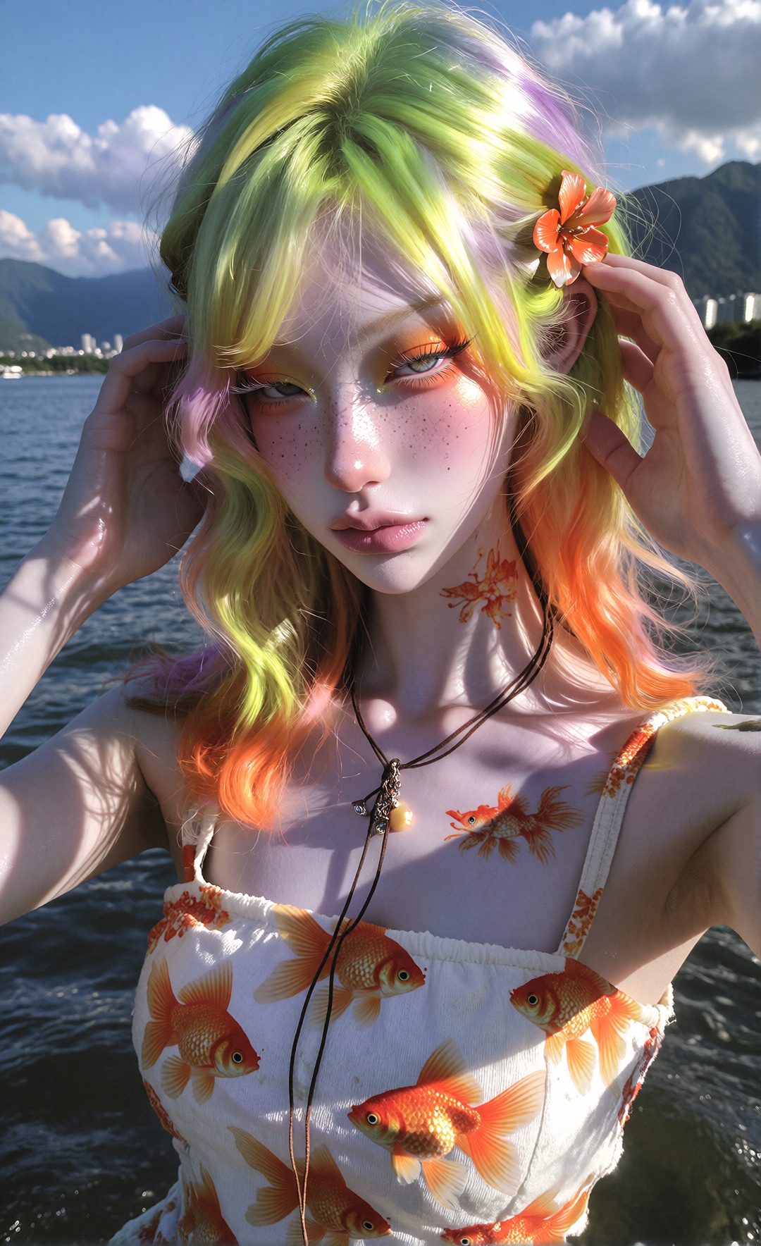 monolid,  no eyelid crease outdoor daylight,  portrait of a young woman with vivid neon yellow-green to orange ombre wavy...