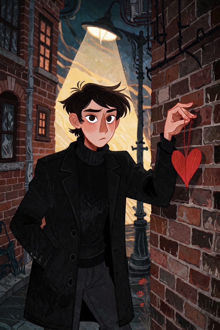 A young man with dark hair and brown eyes leans against a brick wall in a narrow alley. He wears a black turtleneck and a...