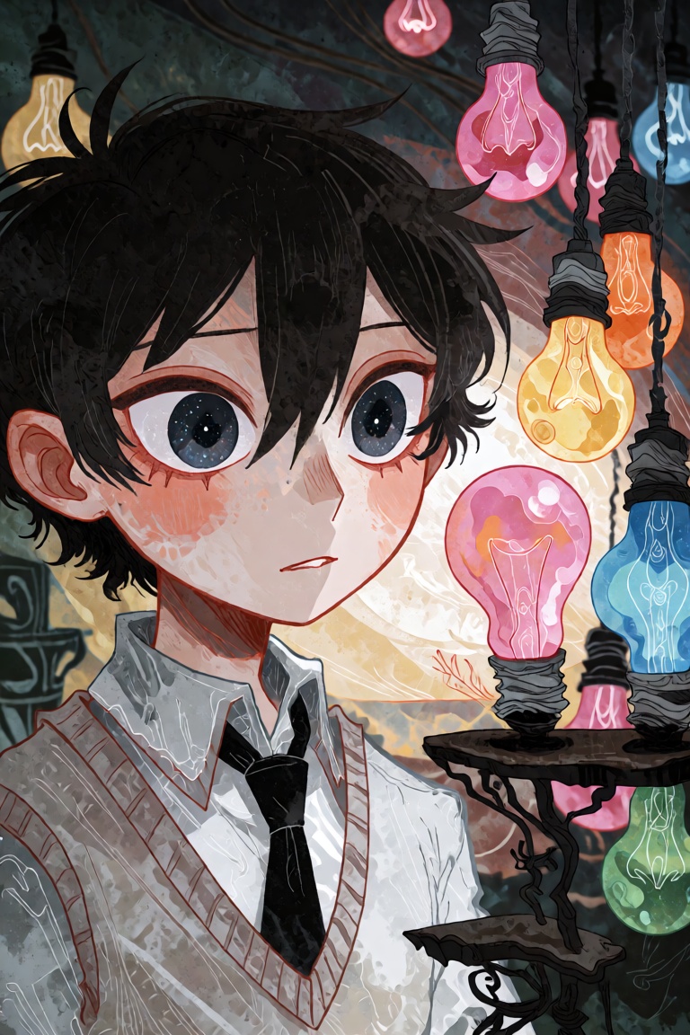A portrait of a boy standing alone. He has short,  black hair and striking starry eyes. His mouth is closed,  and he is we...