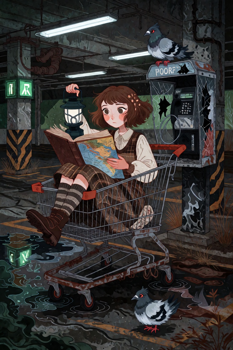 Young woman in a plaid wool skirt and cream blouse sits in a rusted shopping cart in an abandoned parking garage,  reading...