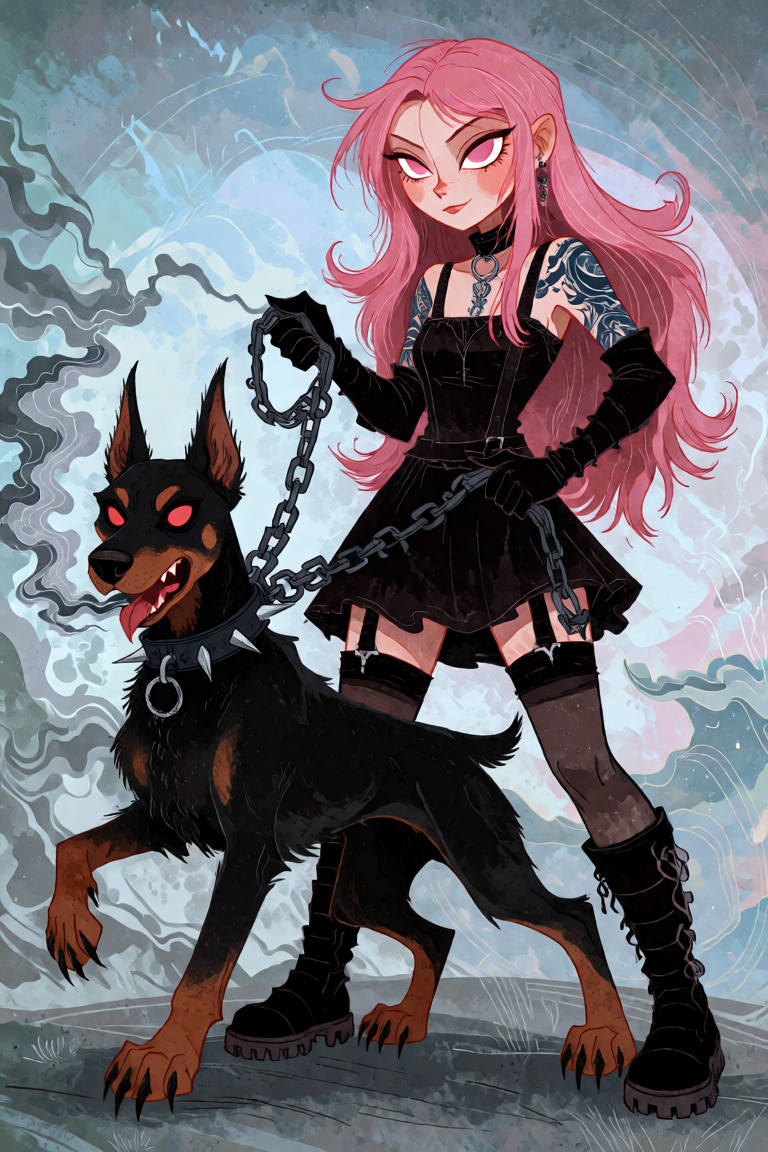 The image depicts a woman with long,  loose pink hair,  wearing a black dress with thin straps. On her left arm on Tensor.Art