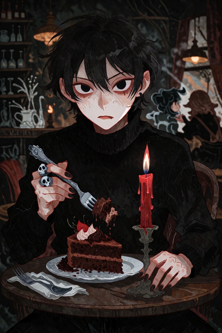 A young man with short black hair and dark eyes sits at a small round table in a dark café. He wears a black turtleneck an...
