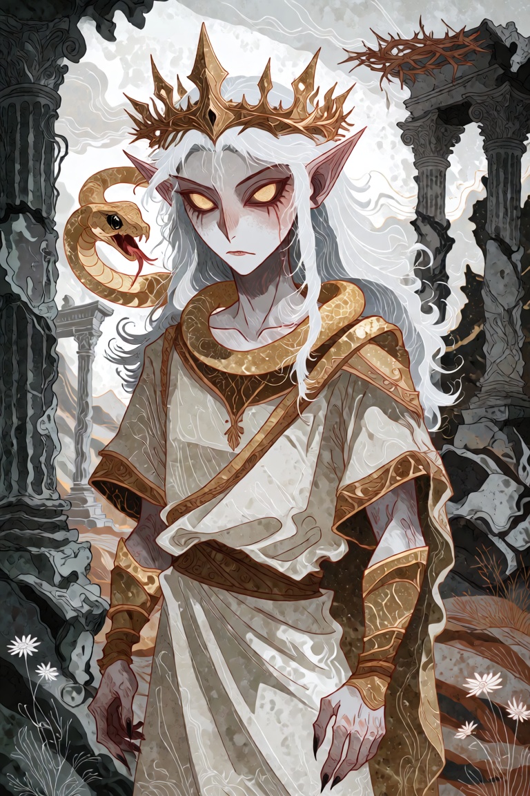 A lone male figure with pointed ears and a focused expression stands in a landscape of ruins. His long,  white hair is ado...