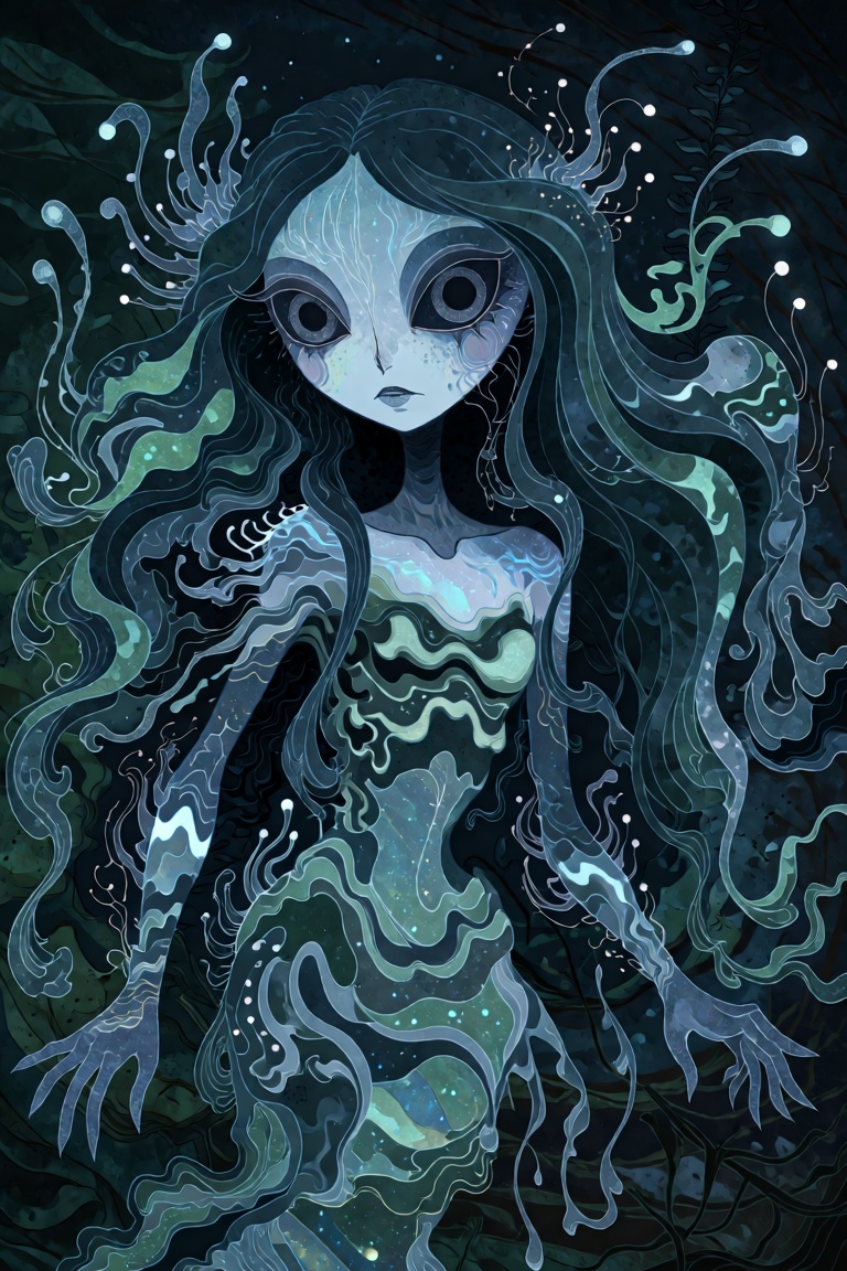 an ancient abyssal siren,  embodying liquid grace. Her form constantly shifts and shimmers like deep-sea light. Her 'hair'...