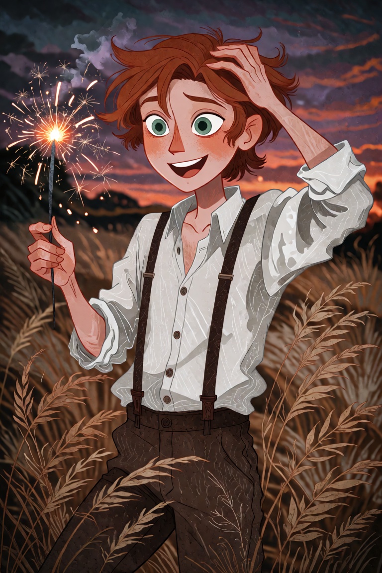 A young man with auburn hair and green eyes stands in a field of tall dry grass at sunset. He wears a white linen shirt un...