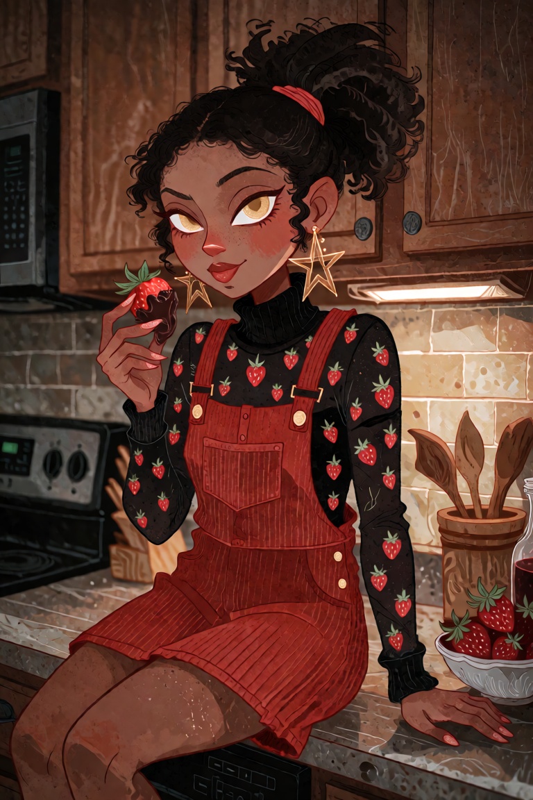 A young woman with dark skin and natural black hair in a high puff and gold eyes sits on a kitchen counter. She wears a re...