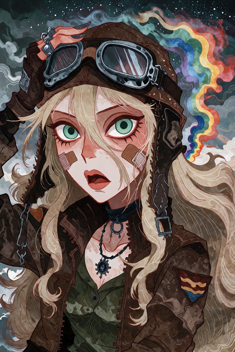 A mature woman with green eyes is depicted wearing an aviator cap and goggles. Her blonde hair partially obscures her face...