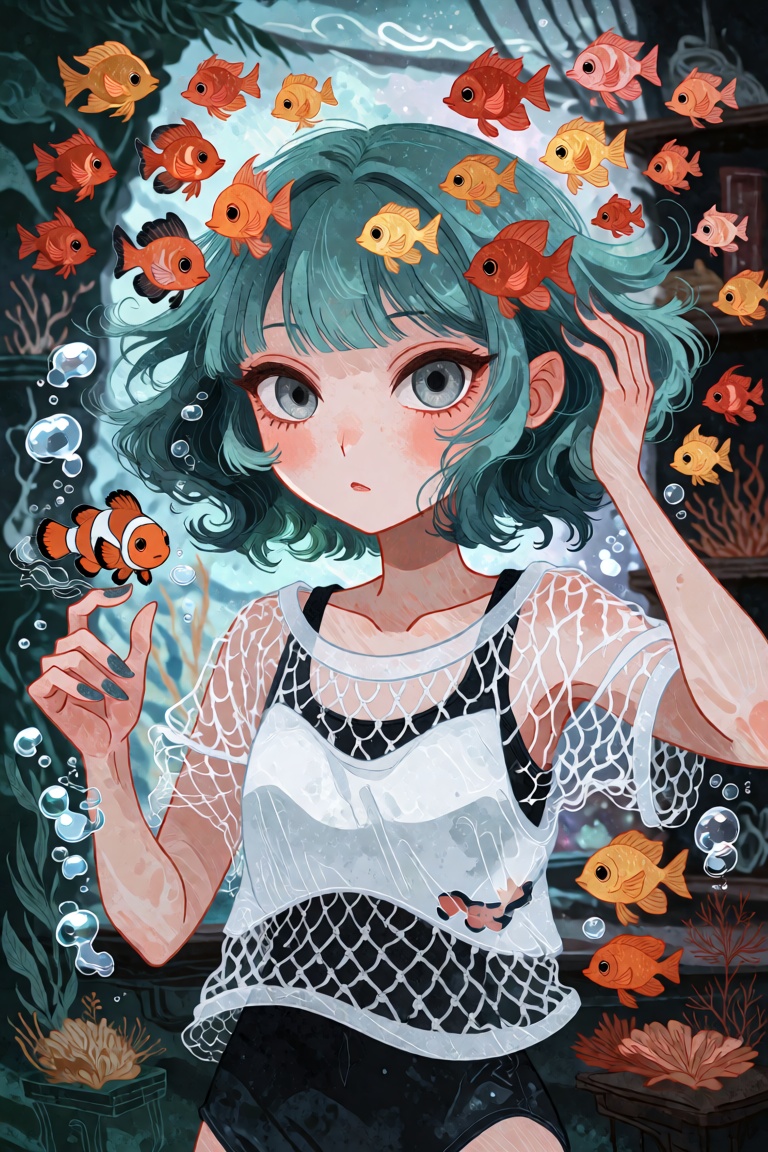 A young woman with a short turquoise bob and gray eyes stands in a room where the air itself is filled with water. Dozens...