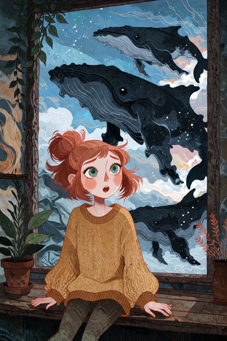 A young woman with red hair tied in a messy bun and green eyes sits on a wide windowsill. Through the glass behind her,  e...