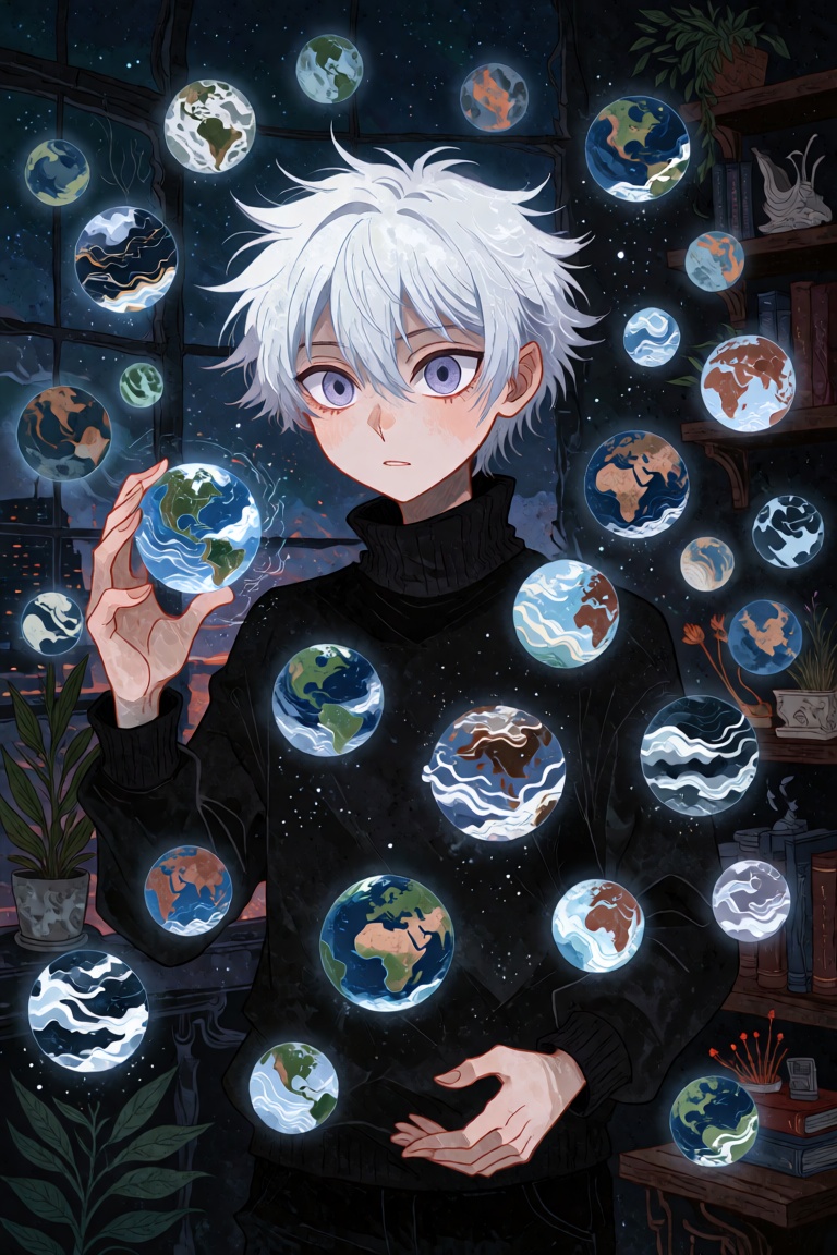 A young man with white hair and violet eyes stands in a dim room at twilight. Hundreds of small glowing spheres hover in t...